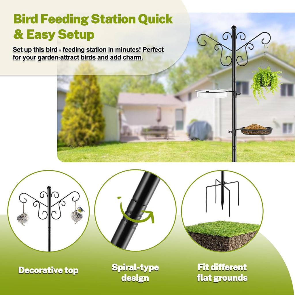 Bird Feeding Station,Heavy Duty Bird Feeder Pole with Upgraded Thickened Pole & 5-Prong Base,Hanging Hooks,Mesh
