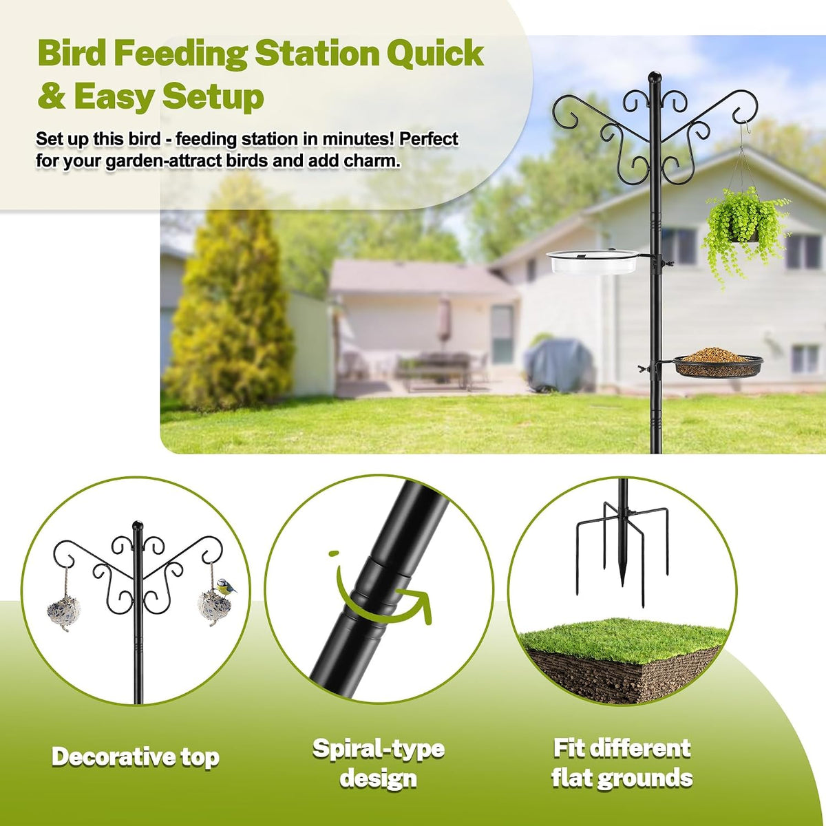 Bird Feeding Station,Heavy Duty Bird Feeder Pole with Upgraded Thickened Pole & 5-Prong Base,Hanging Hooks,Mesh