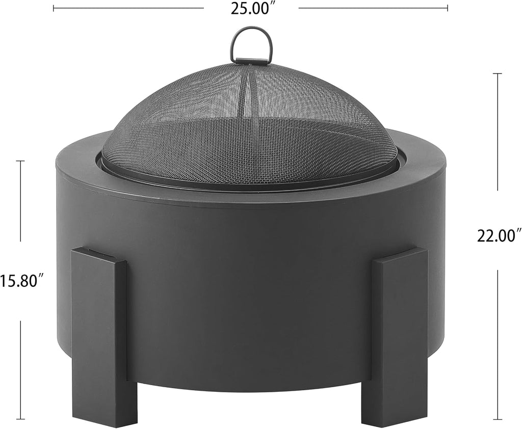 Flicker Wood Burning Steel Fire Pit with Spark Screen, 25" Round Portable Steel Patio Heater for Camping, Patio