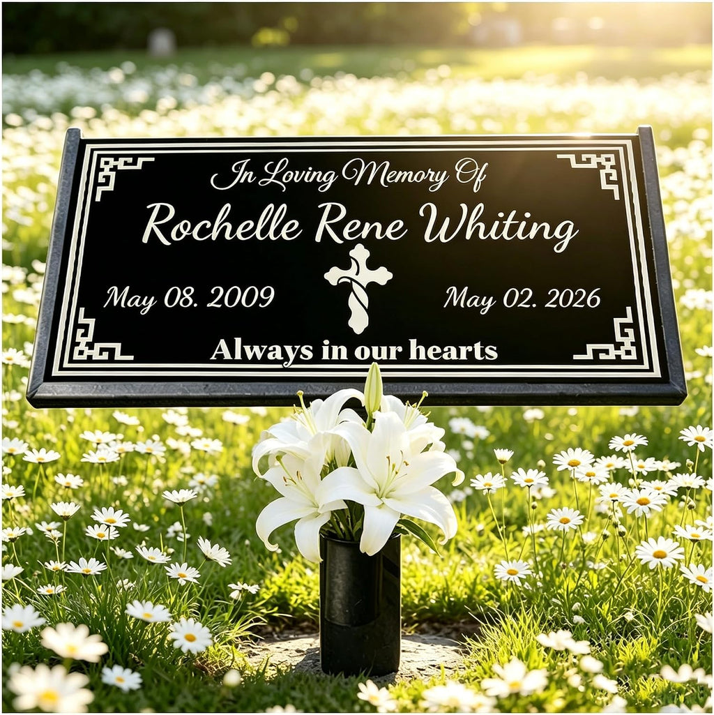 Personalized Human Memorial Stone, Black Granite Headstone with Photo, Engraved Grave Marker for Cemetery Outdoor