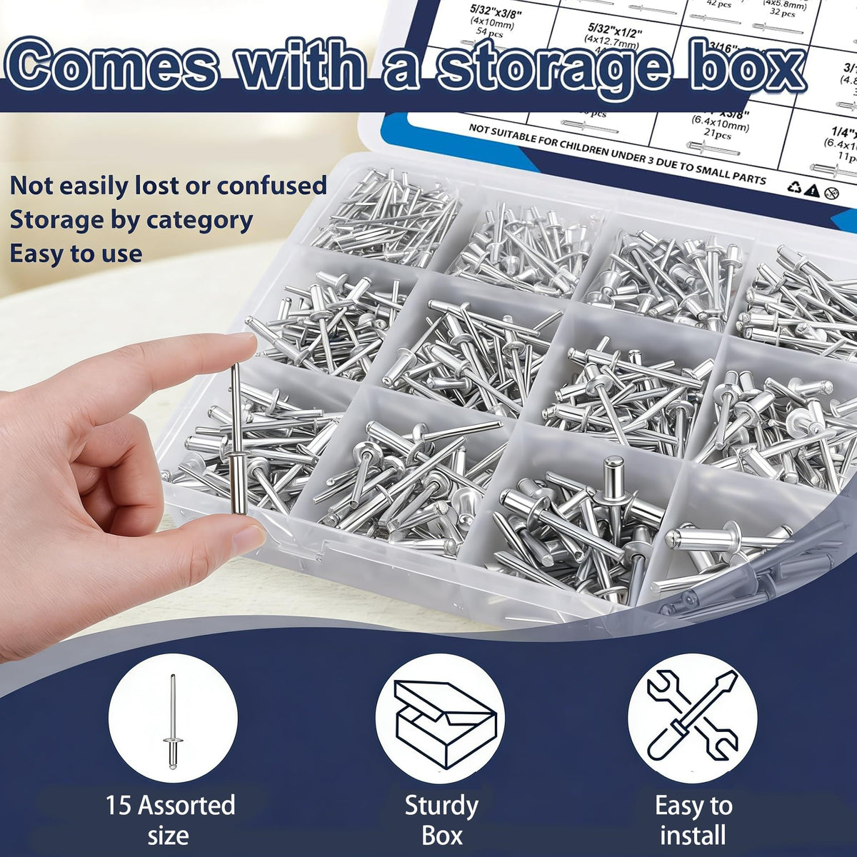 630Pcs Pop Rivets Assortment Kit Aluminum Rivet 3/32 1/8 5/32 3/16 1/4