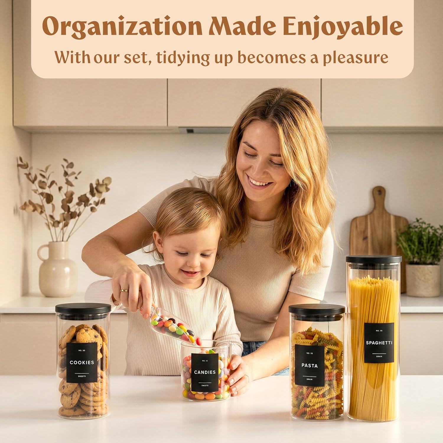 Glass Storage Containers with Black Lids [Extra Thick Glas] with 54 Labels - Canister For Pantry Noodles Flour Cereal