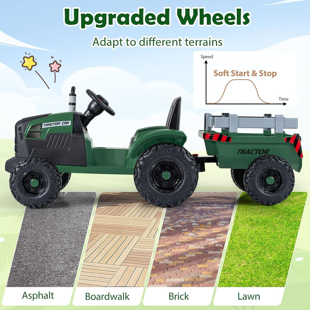 24V Ride On Tractor, Kids Battery Powered Vehicles with Detachable Trailer, Dual Motors, Remote Control, Soft Start &