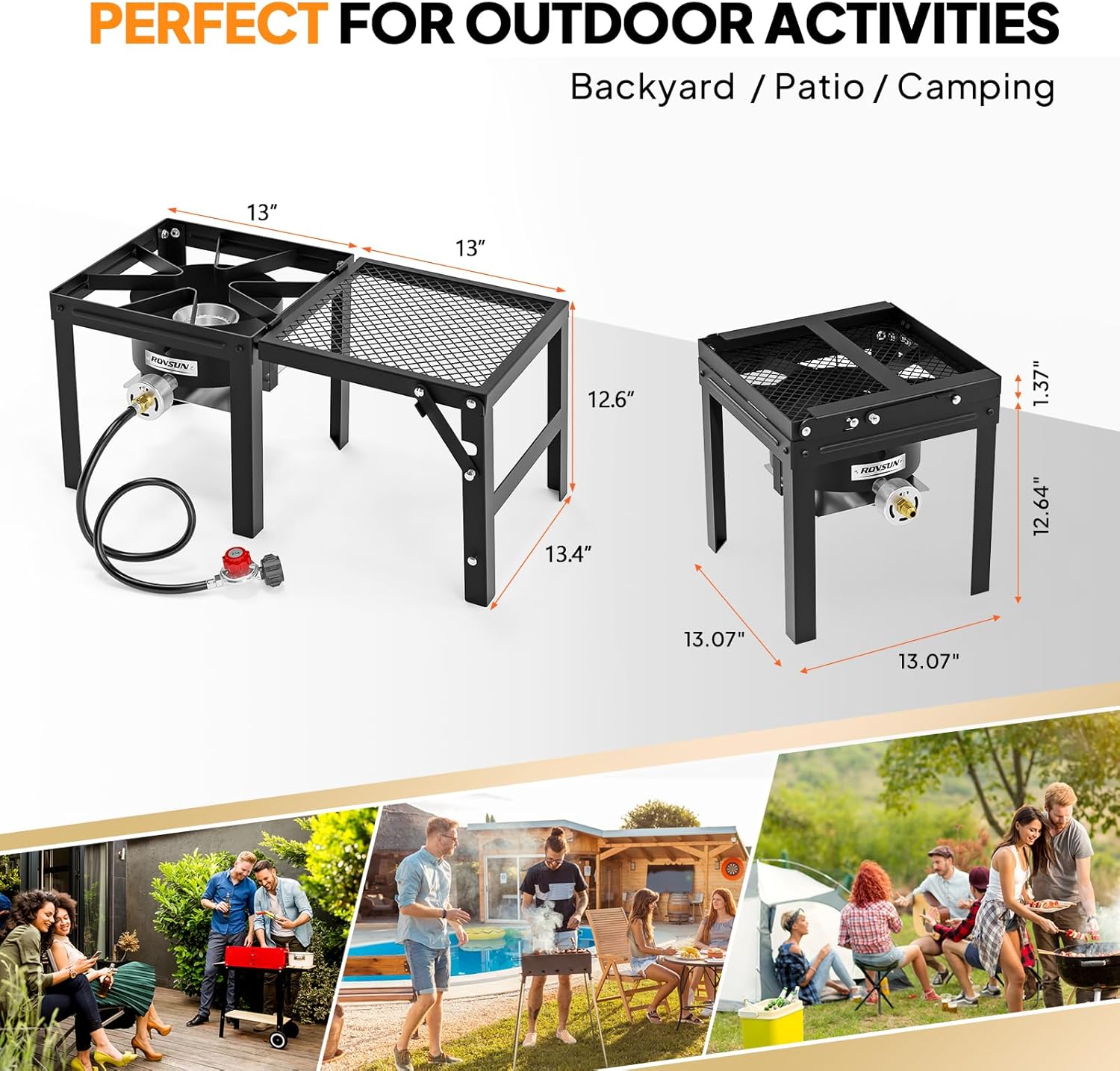 Portable Propane Gas Stove with Foldable Side Rack, Single Burner Camp Stove Cooker for Outdoor Backyard Cooking