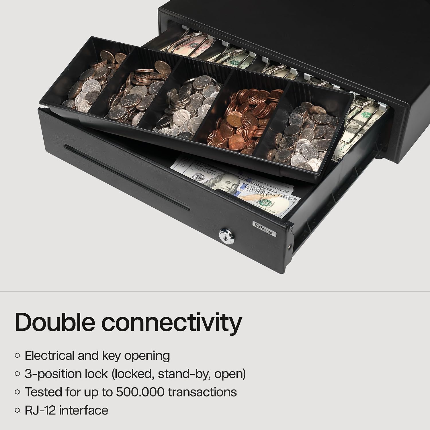 LD-4141 16" Black Heavy Metal Cash Register Drawer with 5 Bill/5 Coin Layout For POS, AdjustableTray with media slot