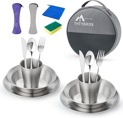Stainless Steel Camping Mess Kit for 1-4 People,All-in-One Camping Cookware & Tableware Set with Plates,Bowls