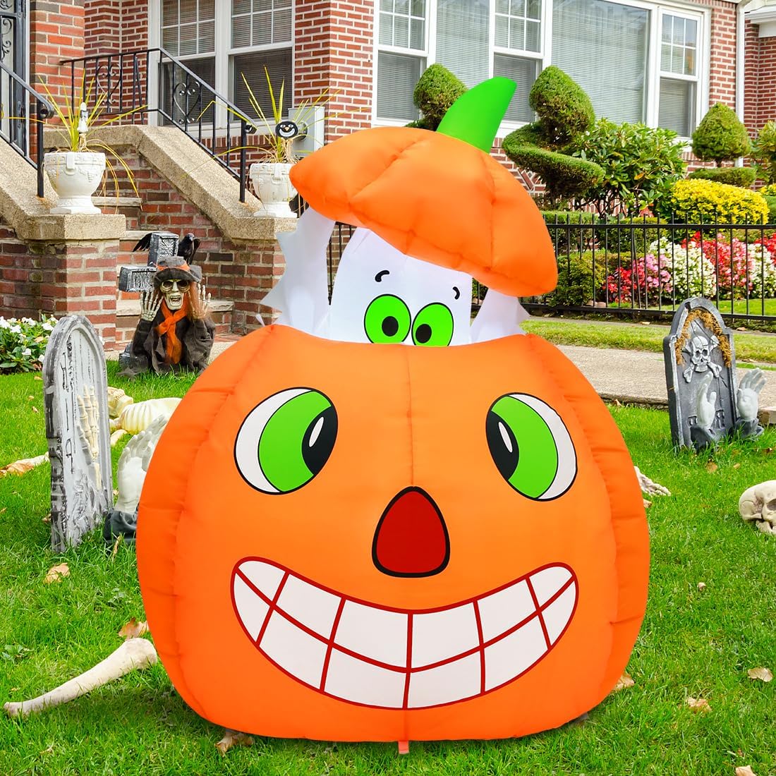 5 FT Halloween Inflatables Animated Pumpkin Ghost Outdoor Decorations Blow Up Yard with Built-in LEDs for Indoor