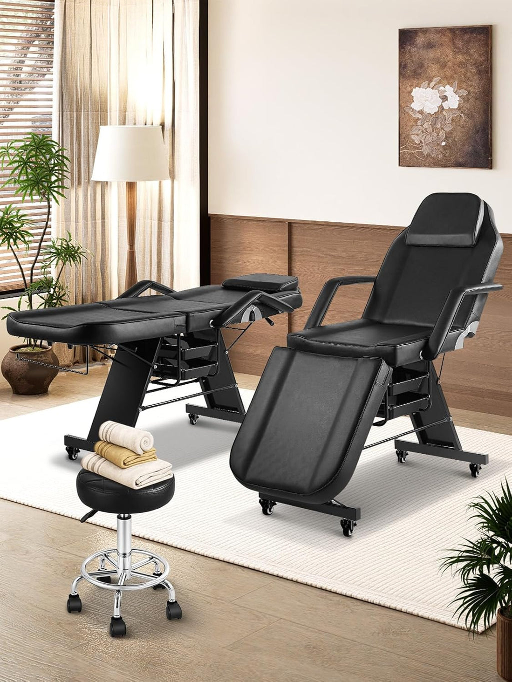 Tattoo Chair for Client, Esthetician Bed with Rolling Stool and Wheels Adjustable Beauty Salon Spa Table 360 Swivel