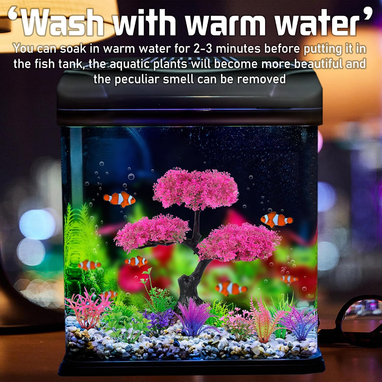 Pink Artificial Plastic Tree Aquarium Plants Decor Set, 11PCS | Soft Cherry Blossom Tree Fish Tank Decorations, Betta