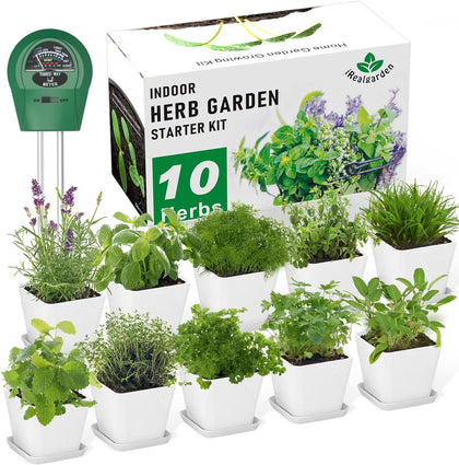 Indoor Herb Garden Kit – 10 Non-GMO Herb Seeds with Soil, Pots & Moisture Meter – Easy Windowsill Gardening Starter