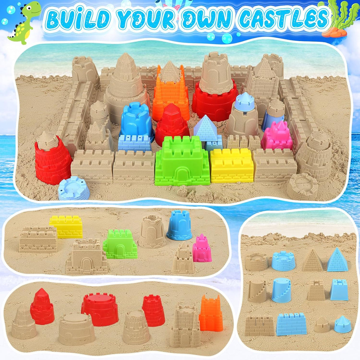 Beach Toys with Collapsible Buckets, Sand Castle Kit for Kids 3-12 | Castle Building Kit, 2 Buckets, 2 Shovels, 2
