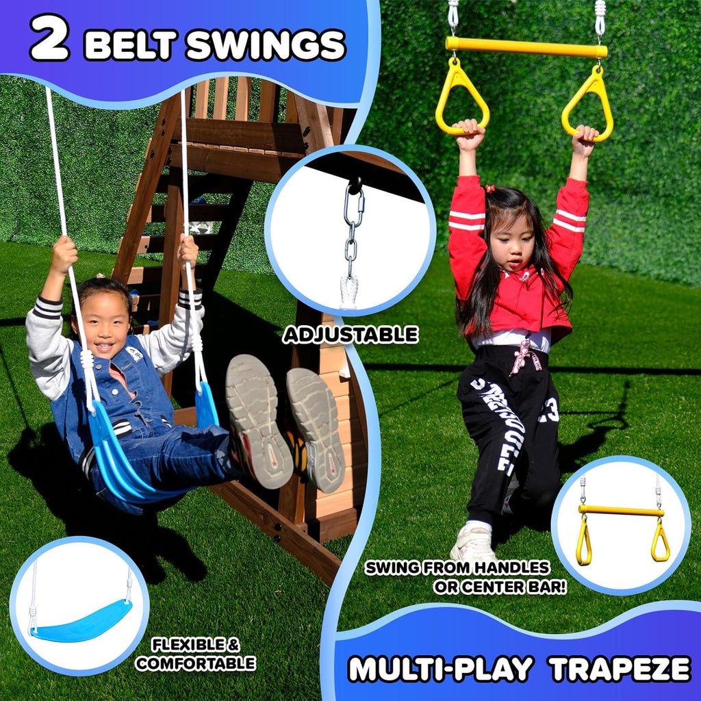 8-in-1 Lakeview Outdoor Cedar Wooden Swing Set: Belt Swings, Trapeze Play Fort with Play Kitchen, Bench & Rock