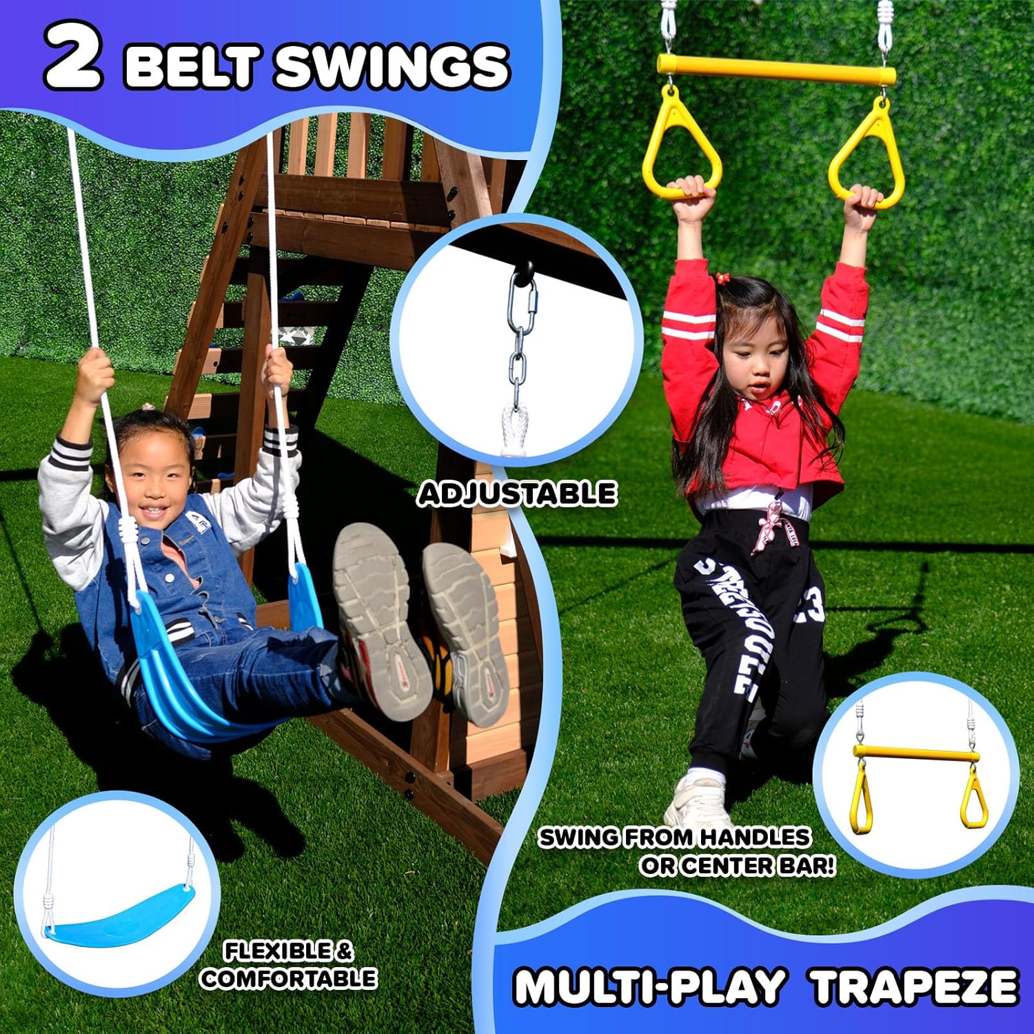8-in-1 Lakeview Outdoor Cedar Wooden Swing Set: Belt Swings, Trapeze Play Fort with Play Kitchen, Bench & Rock