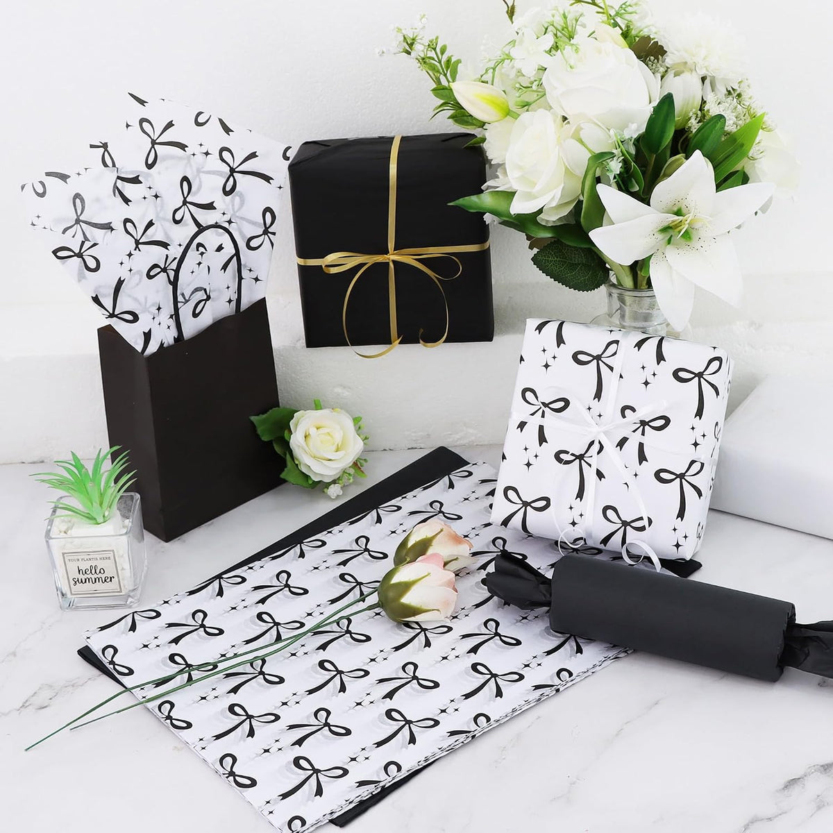 60 Sheets Black Bow Tissue Paper for Gift Wrapping