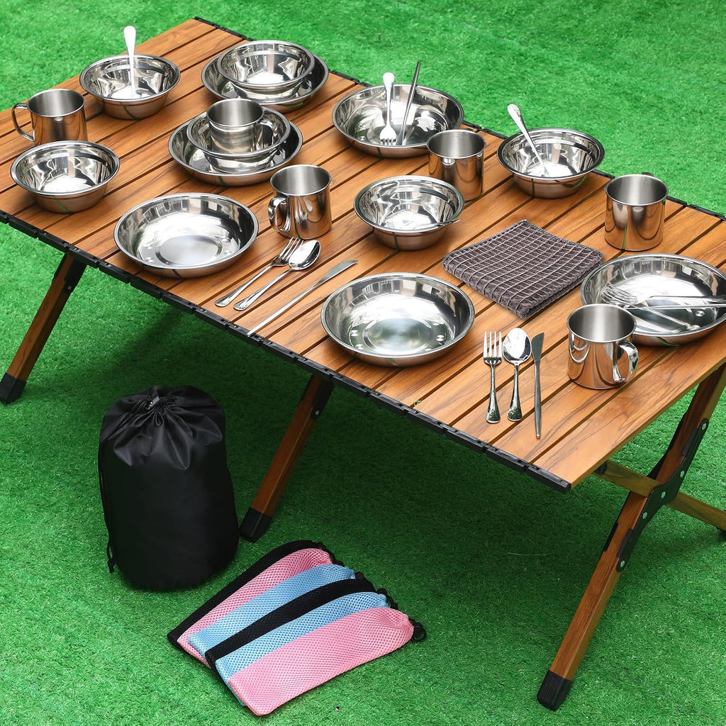 Outdoor Camping Cookware Mess Kit Polished Stainless Steel Dishes Camping Utensils Portable Tableware with Plates