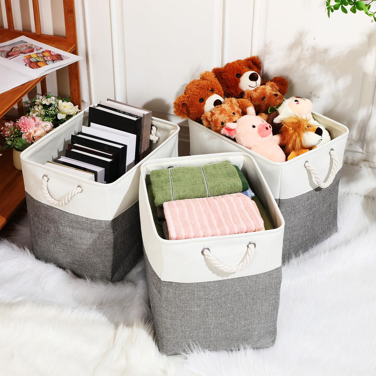 8 Pack Fabric Storage Bins Baskets, 17 x 12 x 15 in, Gray White