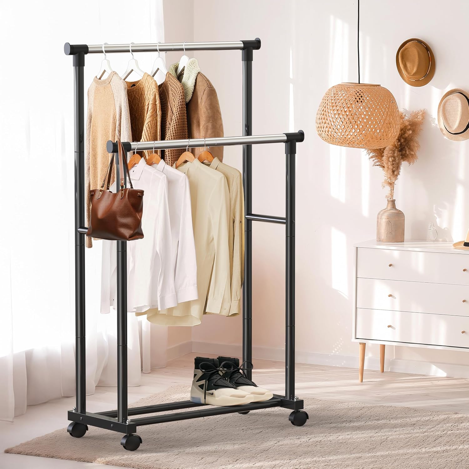 Double Rods Clothing Hanging Rack on Wheels, Black | Metal Rolling Garment Rack