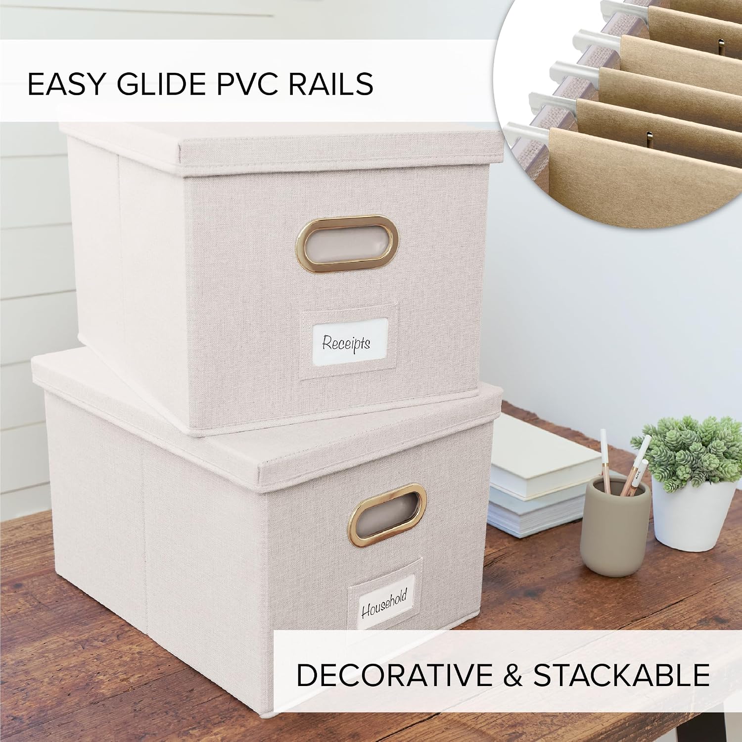 Decorative File Organizer Box Set of 2 - Collapsible Linen Filing Cabinets with Handles Are Perfect to Store All Your