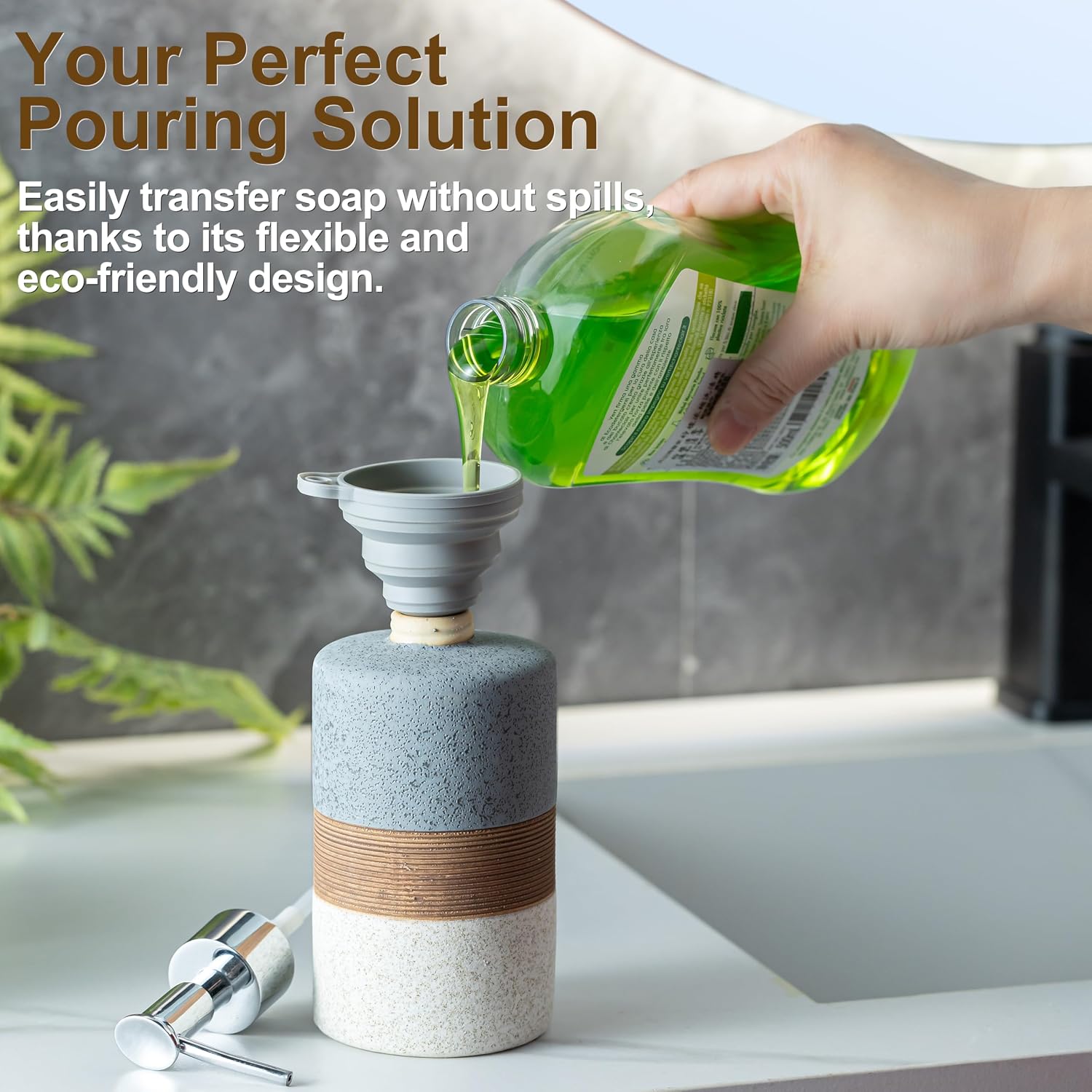 Ceramic Soap Dispenser Set for Hand Soap, Shampoo, Dish Soap, Conditioner, Bathroom & Kitchen, Stainless Steel Pump