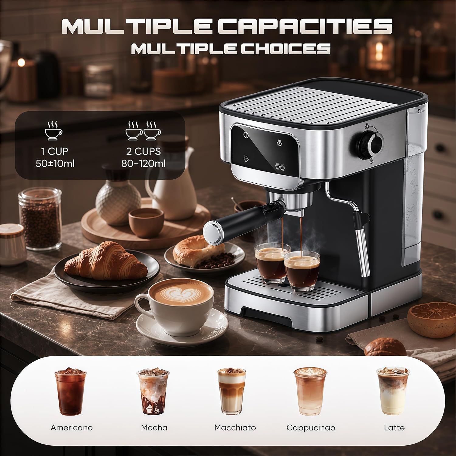 Compact 20 Bar Espresso Machine with Milk Frother & Touch Screen | 1200W Coffee Maker with 61OZ Removable Water Tank