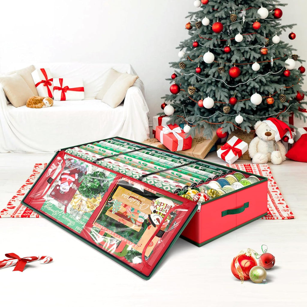 Christmas Wrapping Paper Storage Containers, 40 Inch Gift Wrap Organizer, Visible Supplies Pockets for Xmas