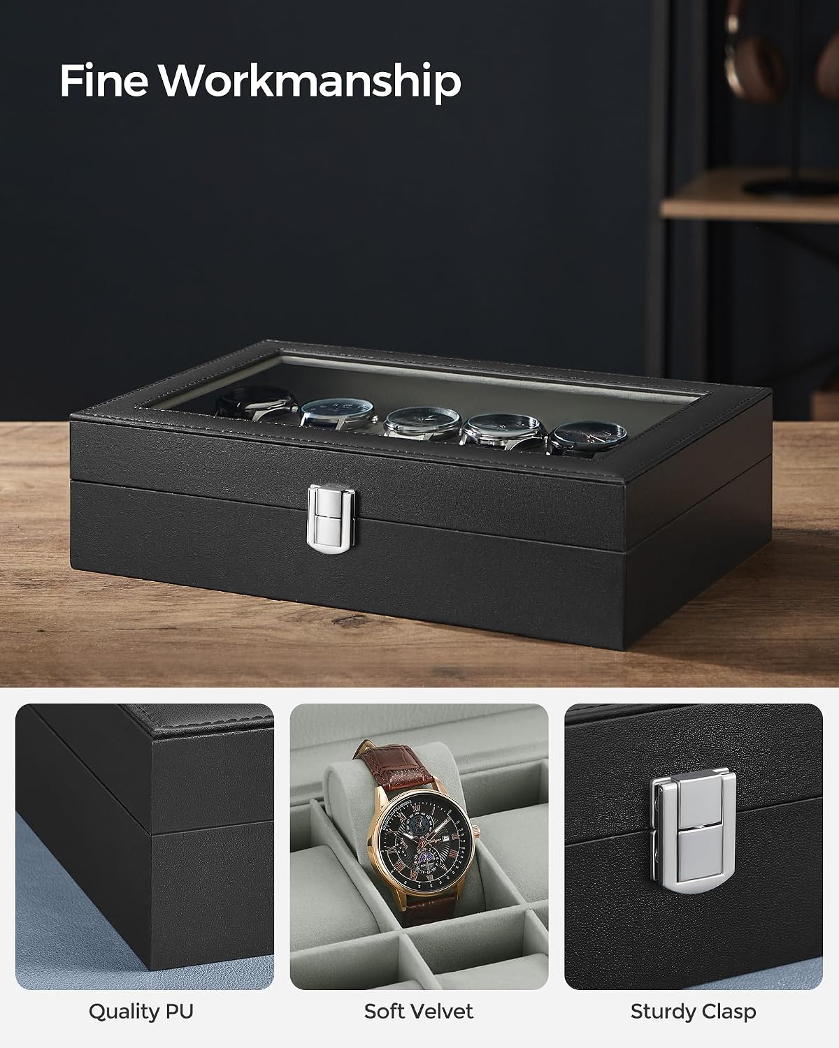 Watch Box, 12-Slot Watch Case Organizer with Large Glass Lid, Removable Pillows, Gift for Loved Ones, Black Synthetic