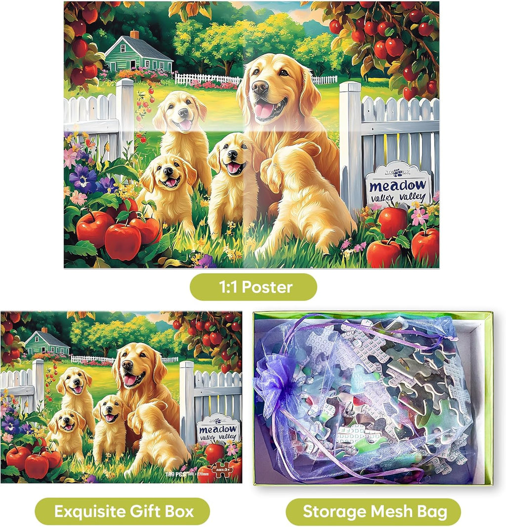 Puzzles for Kids Ages 4-6 6-8, 100 Piece Puzzles for Kids, Golden Retriever Dog Family Jigsaw Puzzle, Educational