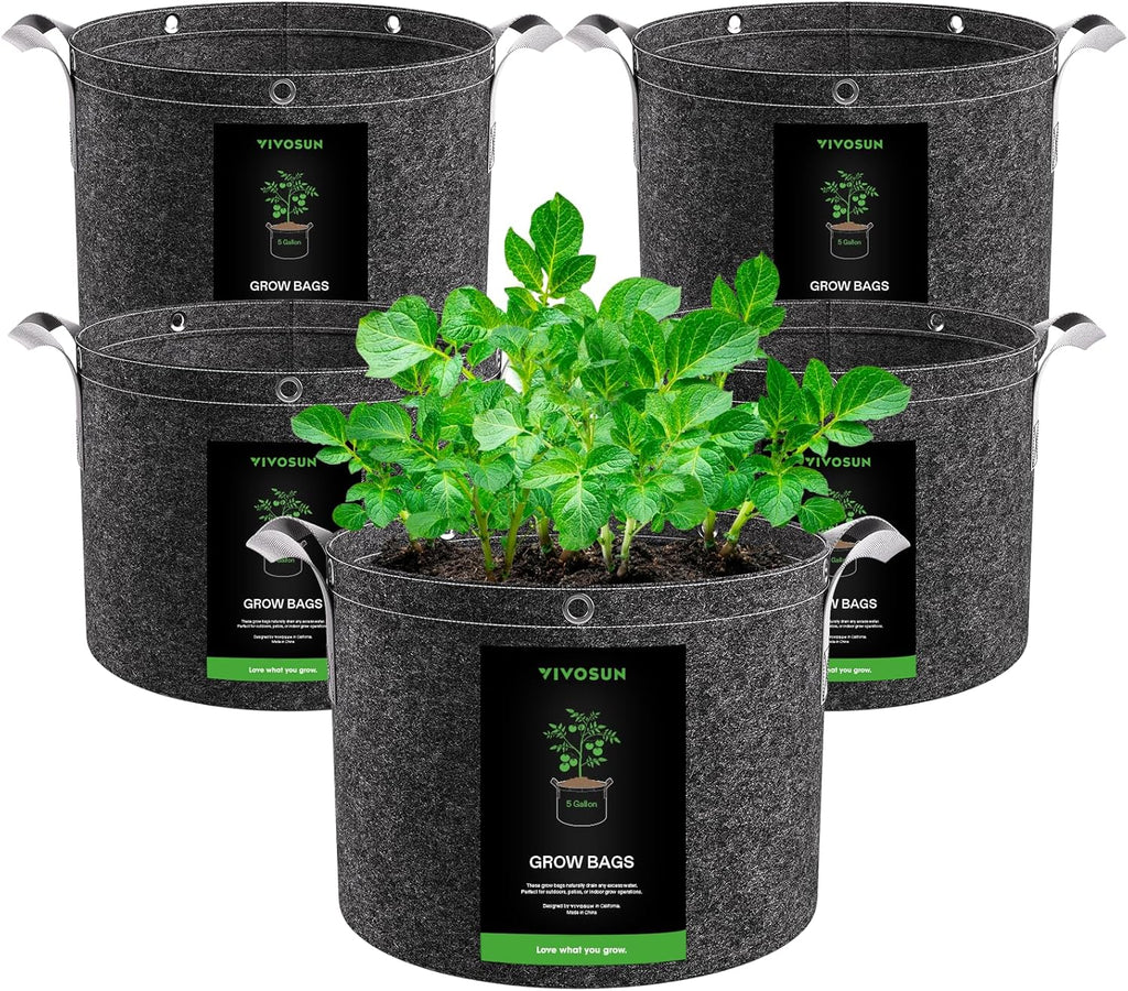 VIVOSUN 5-Pack 5 Gallon Grow Bags, 500G Thick Nonwoven Fabric Pots with Strap Handles, Multi-Purpose Rings, for Low