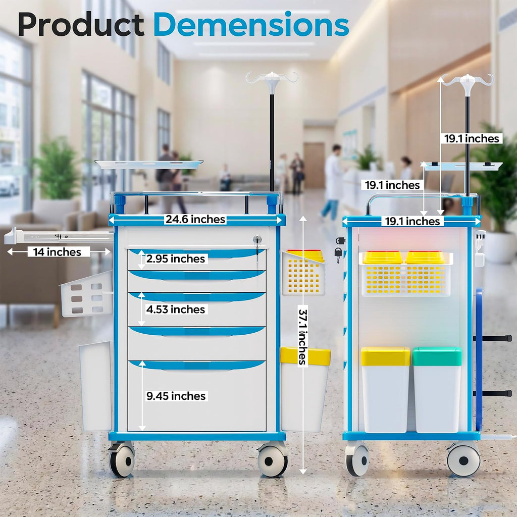 Medical Rolling Storage Crash Cart with Wheels, 5-Tier Medical Cart with Drawers, Adjustable IV Pole, Trash Bin & O2
