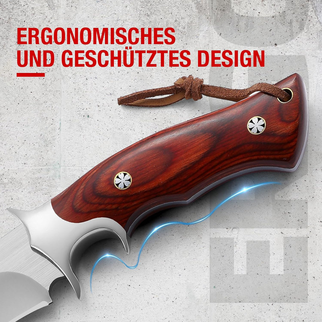 Full Tang Fixed Blade Hunting Knife with 60 HRC M390 Steel Blade | Comfortable Wood Handle, Includes Leather Sheath