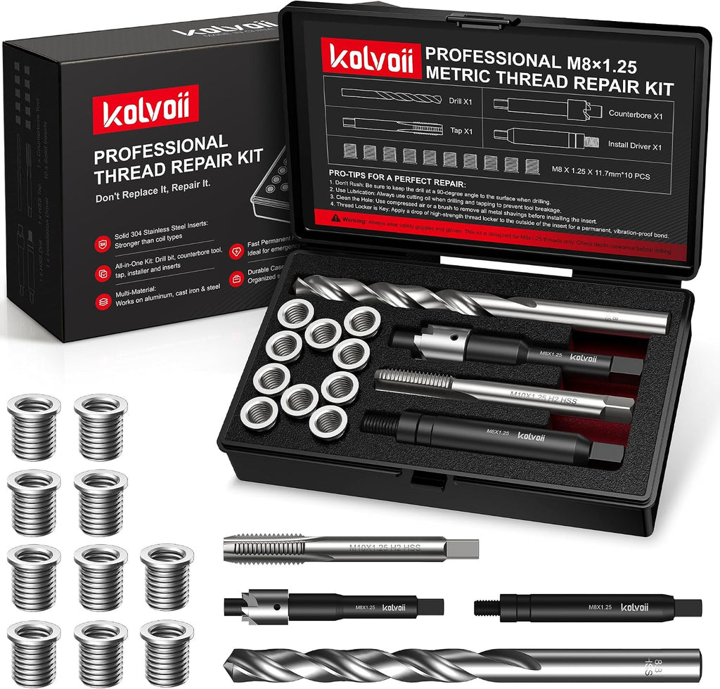 Kolvoii M8x1.25 Thread Repair Kit, 10 Solid 304 Stainless Steel Inserts