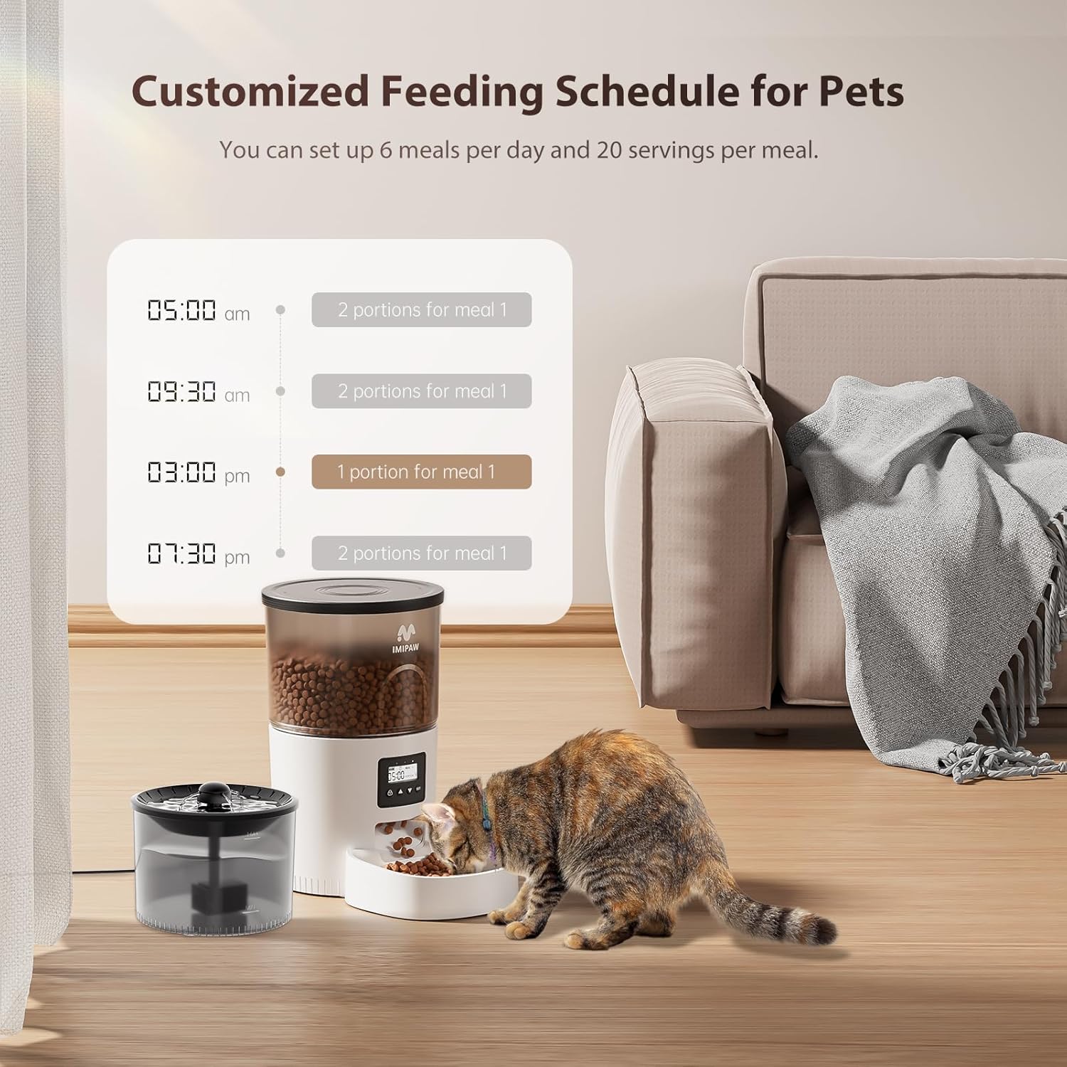 Automatic Cat Feeder and Water Fountain, Timed Dry Food Dispenser, Programmable Portion Control, 1-6 Meals Per Day