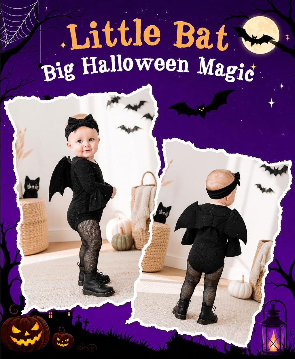 Halloween Baby Bat Costume for Toddler Girl Kids Halloween Party Outfit | Sparkling Romper with Bat wings, Bow