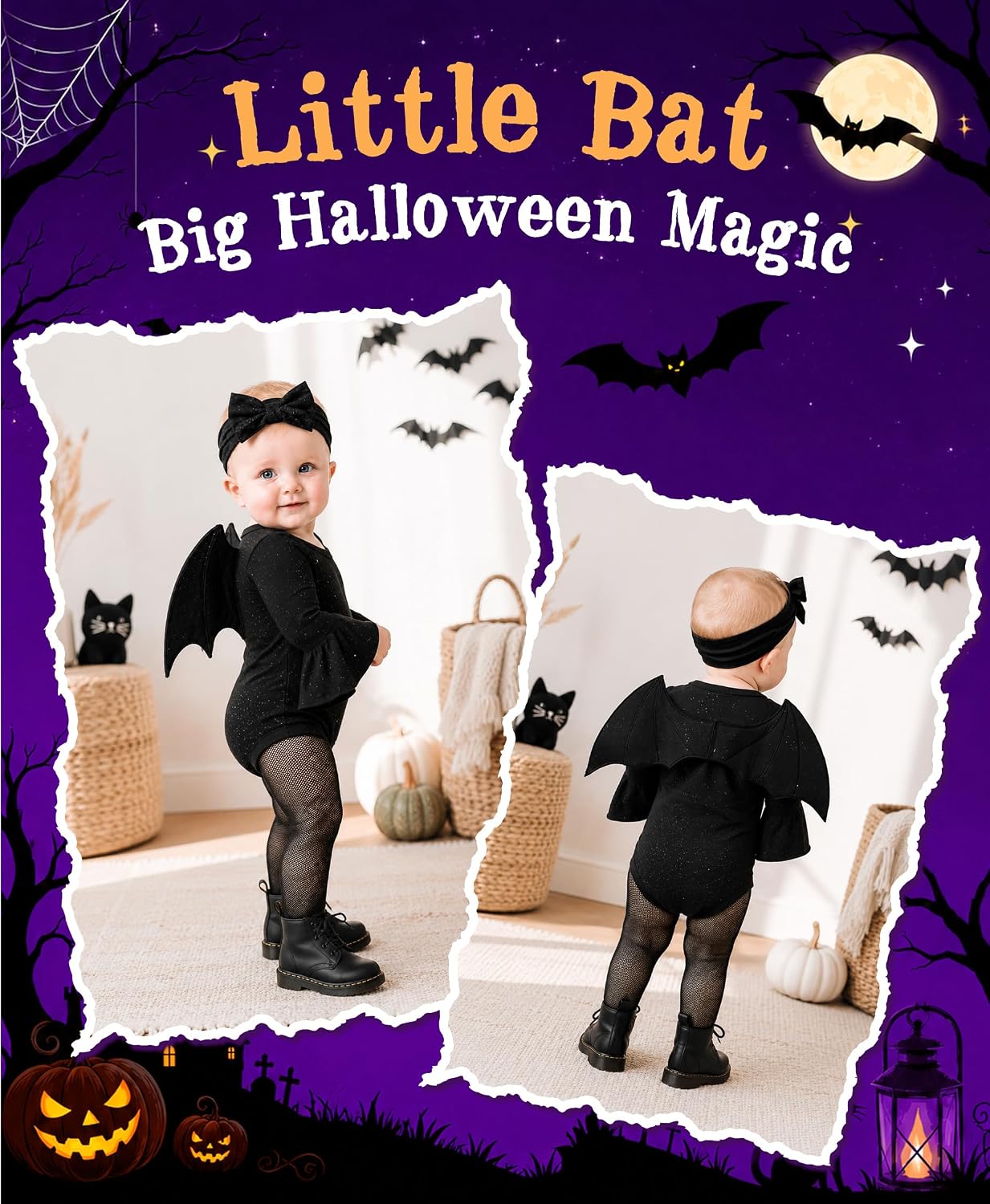 Halloween Baby Bat Costume for Toddler Girl Kids Halloween Party Outfit | Sparkling Romper with Bat wings, Bow