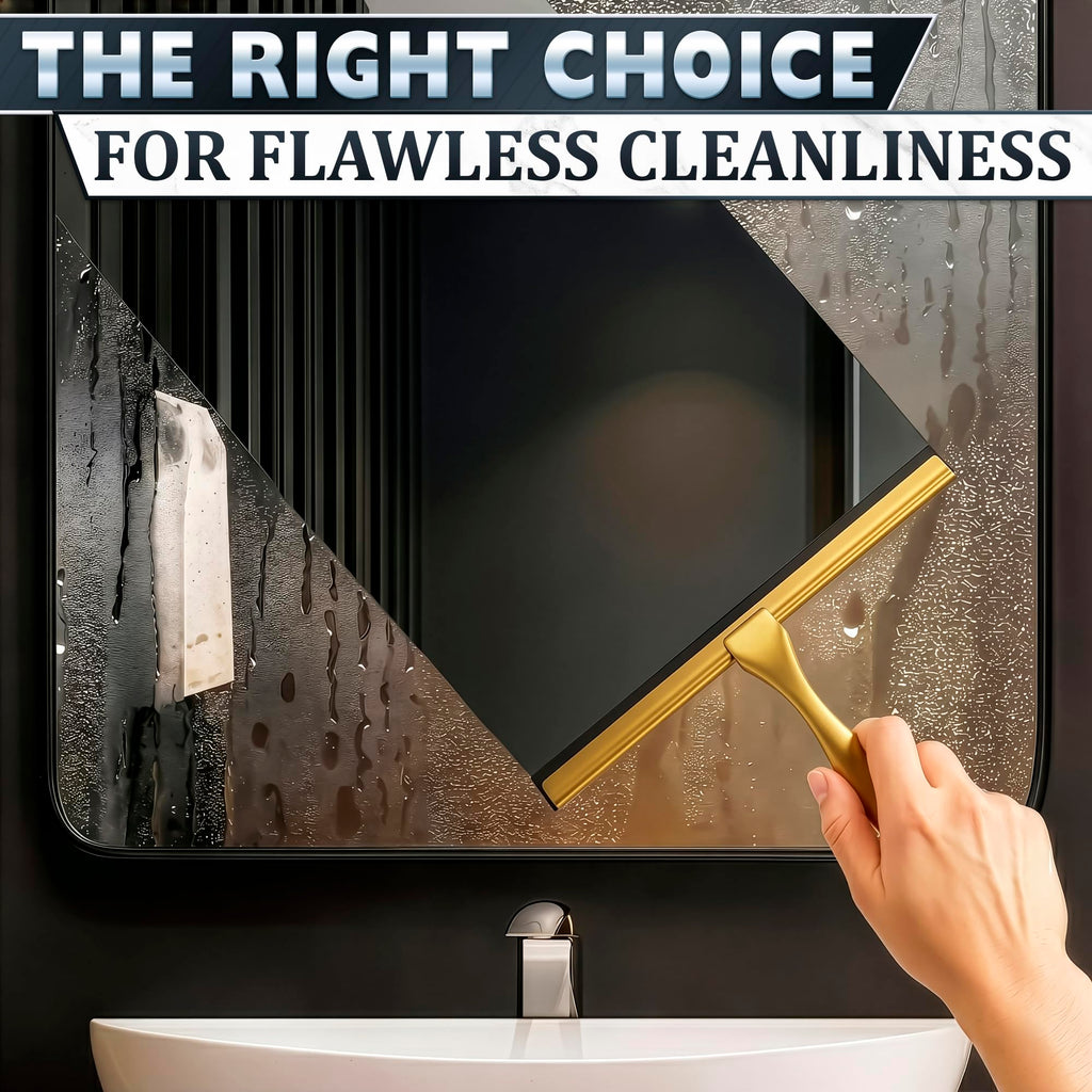 10" Shower Squeegee for Glass Doors & Windows with 2 Hooks, Gold