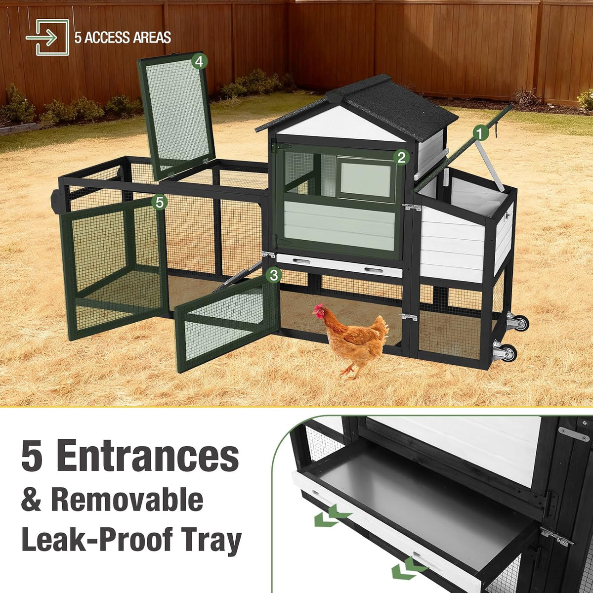 Mobile Chicken Coop Wooden with Wheels, Expandable Outdoor Chicken Tractor with Nesting Box & Pull-Out Tray