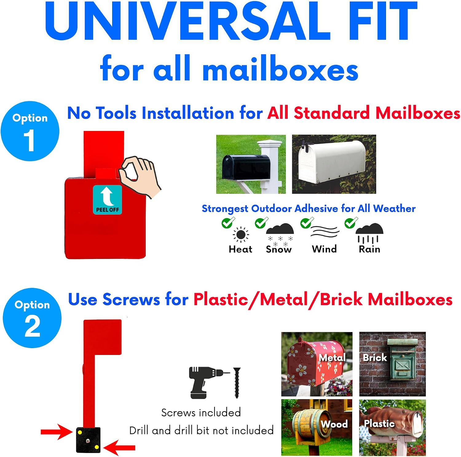 No Tools Needed Weather-Proof Red Mailbox Flag Replacement (Pack of 2) | Strong Adhesive or Screws, Two Installation