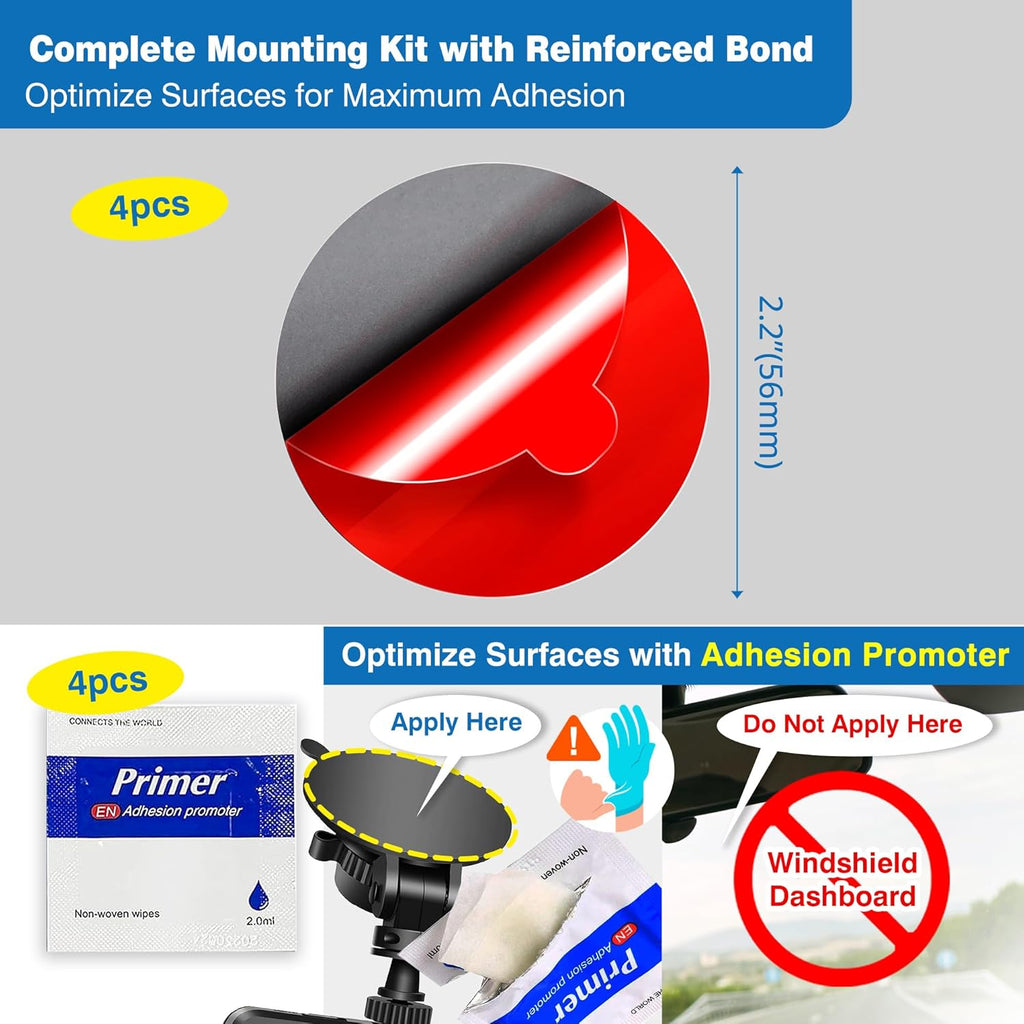 Double-Sided Adhesive Pads for Dash Cam Mount – 4-Pack 2.2" (56mm) Round High-Bond Heat-Resistant Mounting Tape for