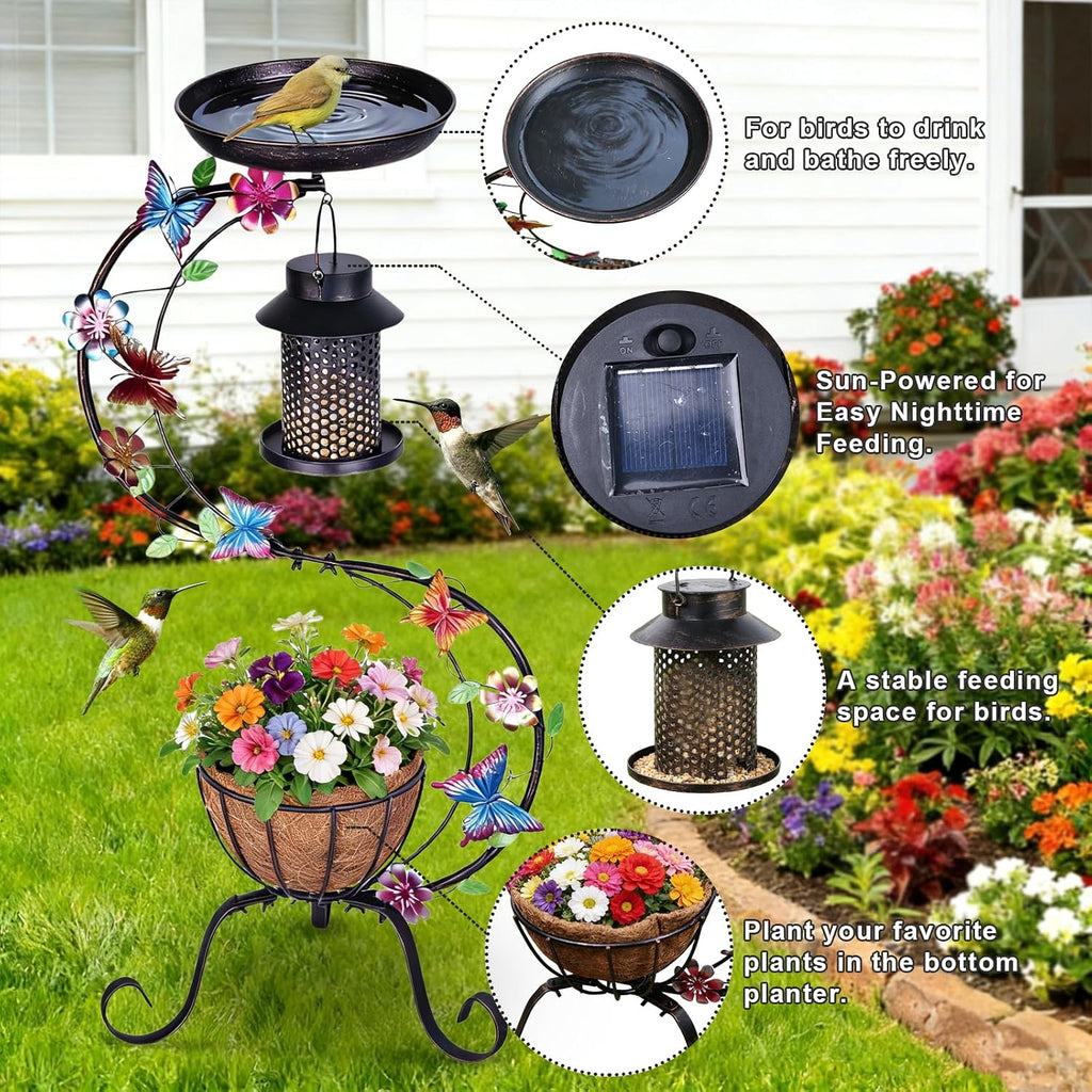 3-in-1 Vintage Bird Bath & Detachable Hanging Bird Feeder with Flower Planter, Metal Heavy Duty Outdoor Birdbath