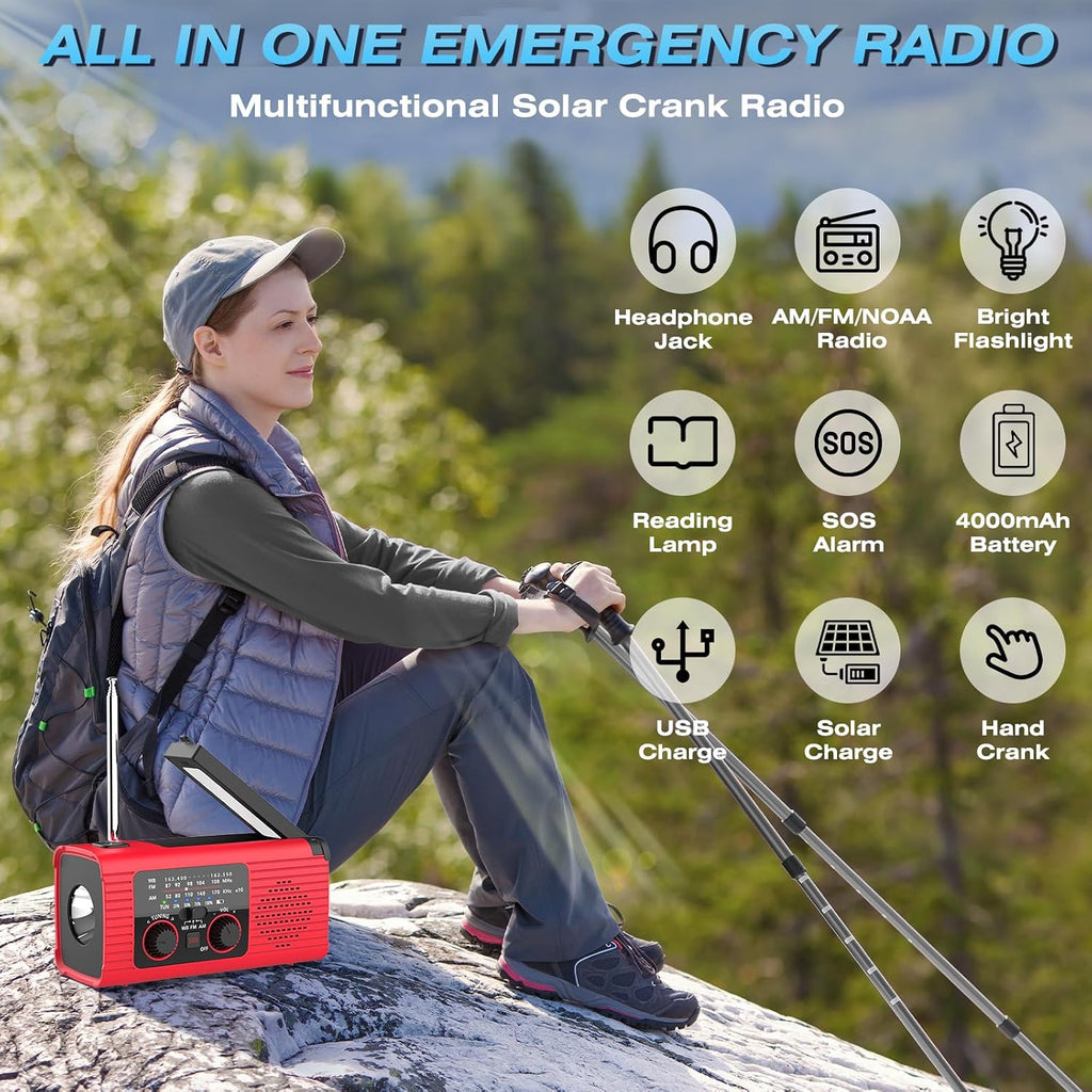 Emergency Weather Radio, 4000mAh NOAA Weather Radio Solar Charging | Hand Crank Radio & USB Charged, Radios Portable