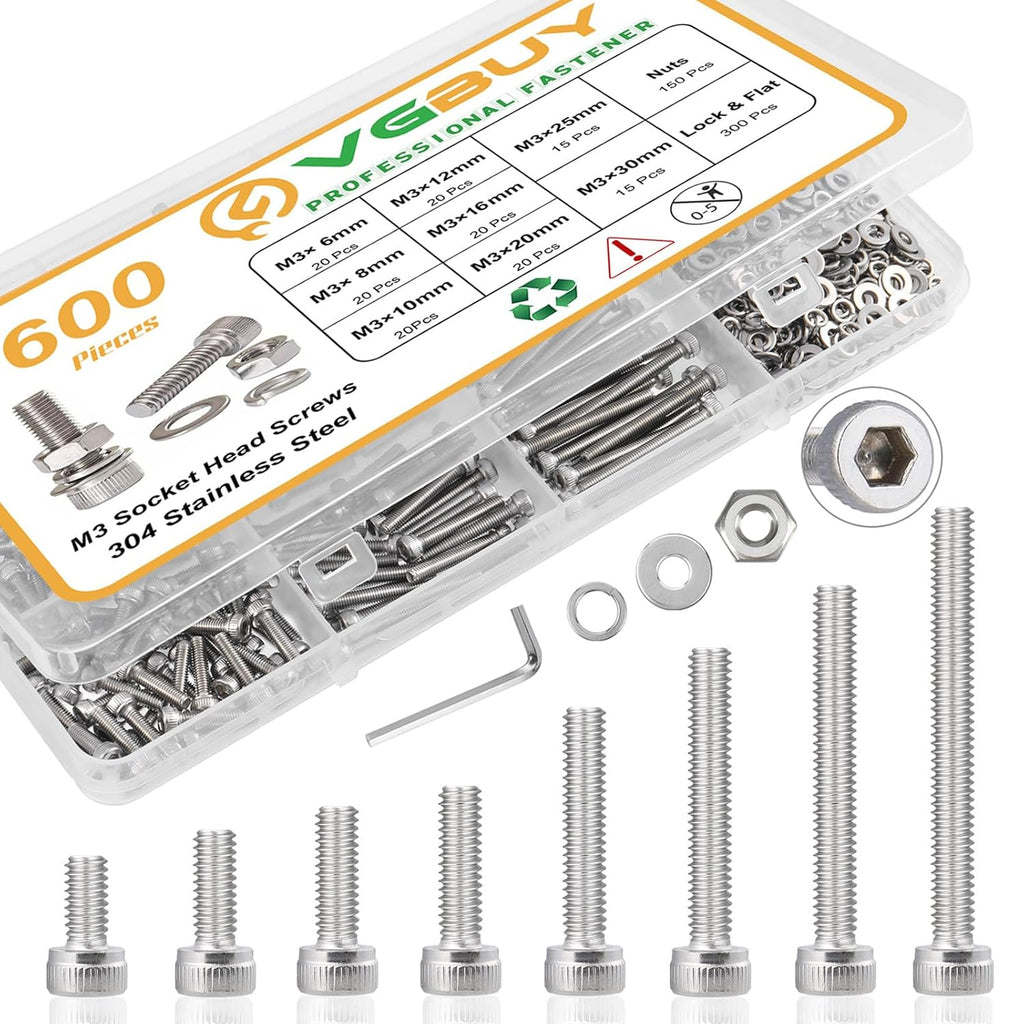 600pcs M3 Screw Assortment Kit, M3 Screws (8 Sizes 6-30mm) for 3D Printer DIY, Hex Socket Head Cap Screws Bolts Nuts
