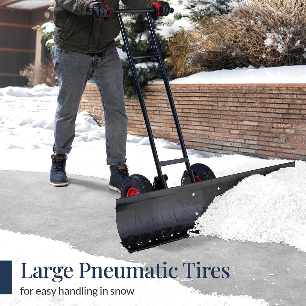 48in Heavy-Duty 2-Wheel Snow Pusher Hand Plow for Snow Removal w/Wheels, Adjustable Handle, Blade Angle - Black