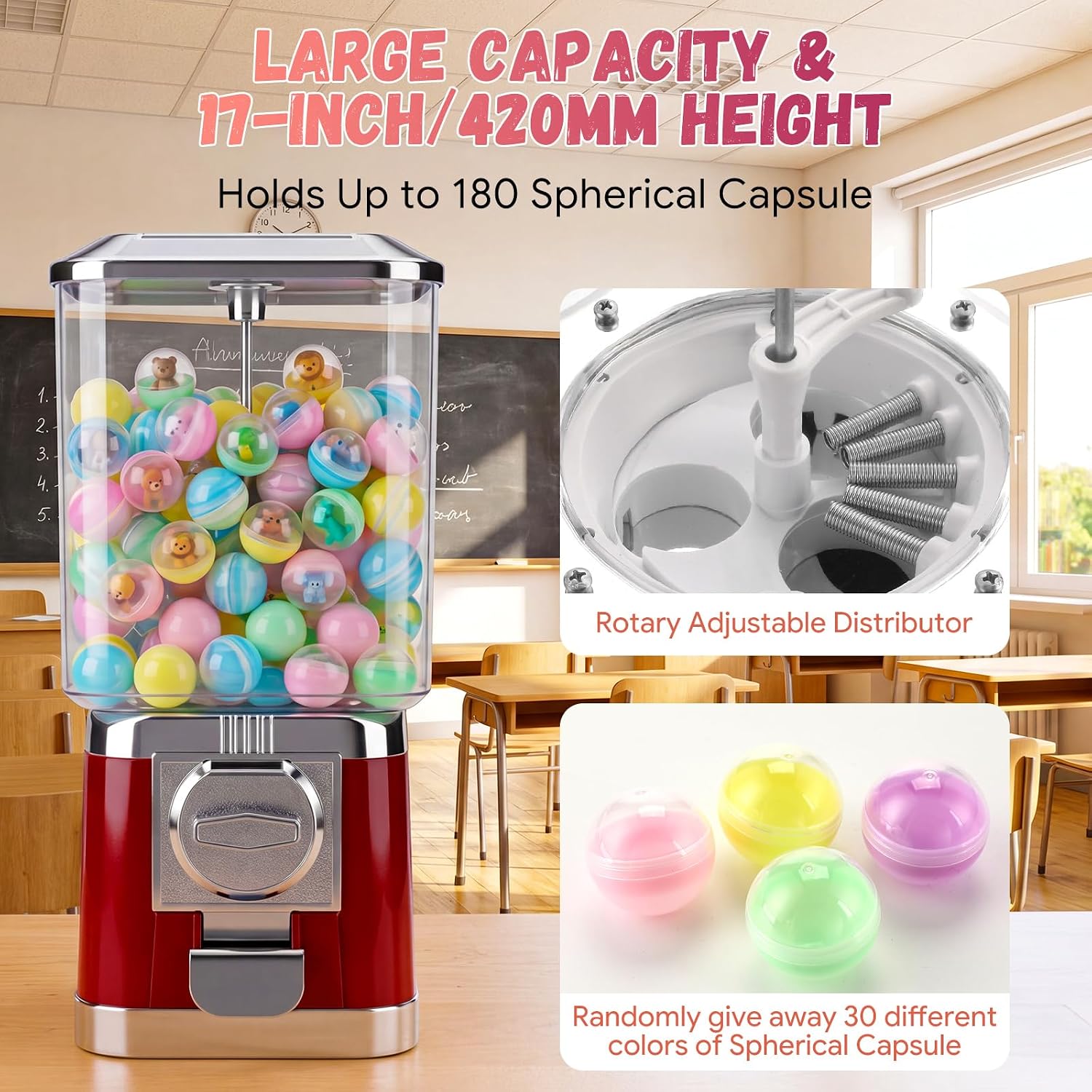 31 Pcs Classroom Gumball Prize Machine with Empty Balls 17 x 7.8 x 7.8 Inches Teacher Student Classroom Token Reward