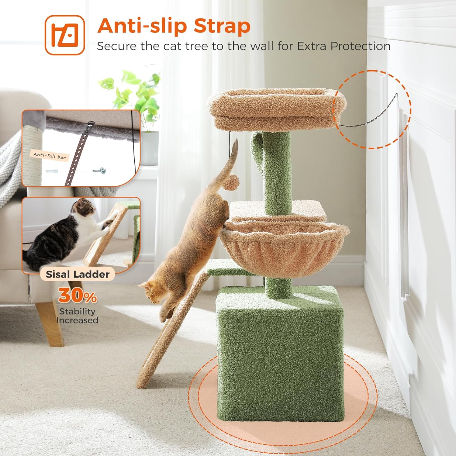 Cactus Cat Tree for Indoor Cats, 32'' Small Cat Tower Cat Condo with Sisal Scratching Ramp, Cozy Hammock and