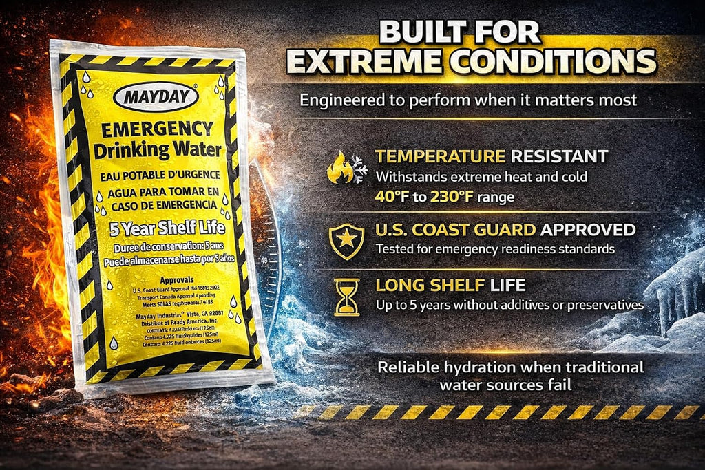 Mayday Pouch Water, Coast Guard Emergency Water, 5-Year Shelf LIfe, Disaster Preparedness Supplies for, Earthquake