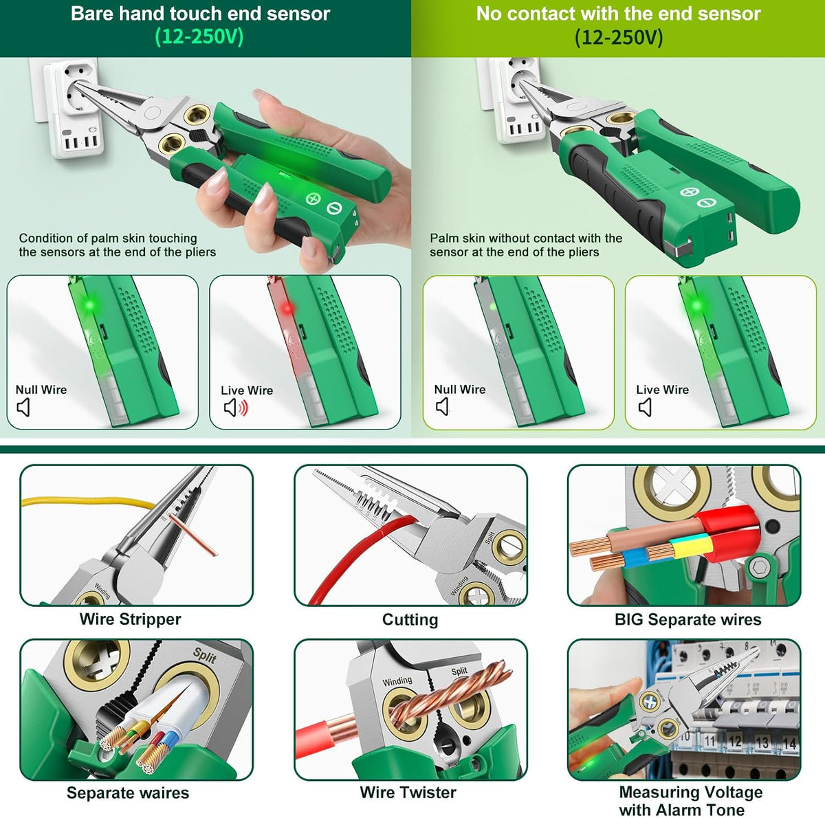 Pro 8-in-1 Wire Stripper/Cutter with Voltage Tester & Dual Alarms - Heavy Duty 12-250V AC/DC Electrical Tester for