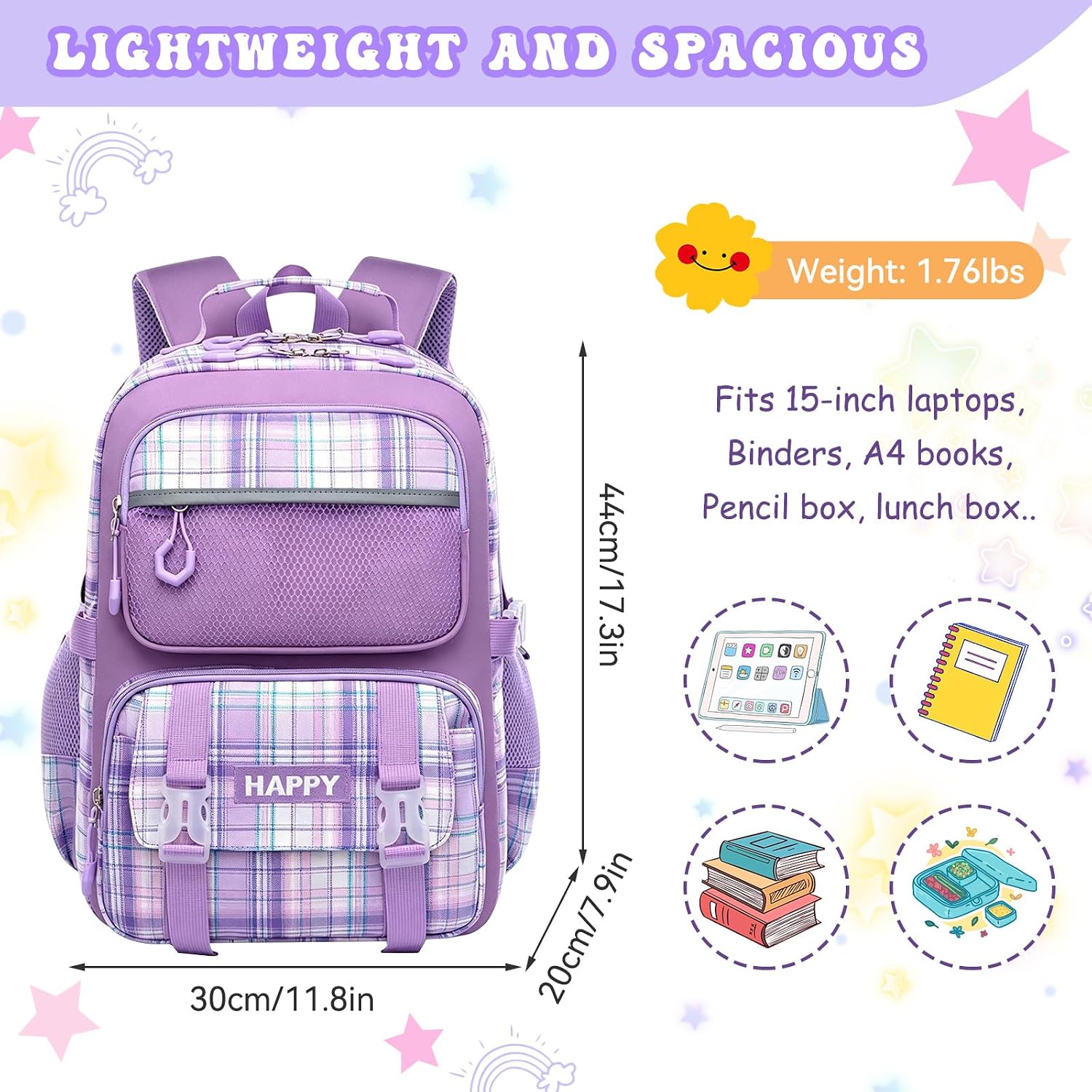 Backpack for Girls,Cute Plaid Backpack,Preppy Bookbag for Elementary & Middle School Students,Large Capacity School