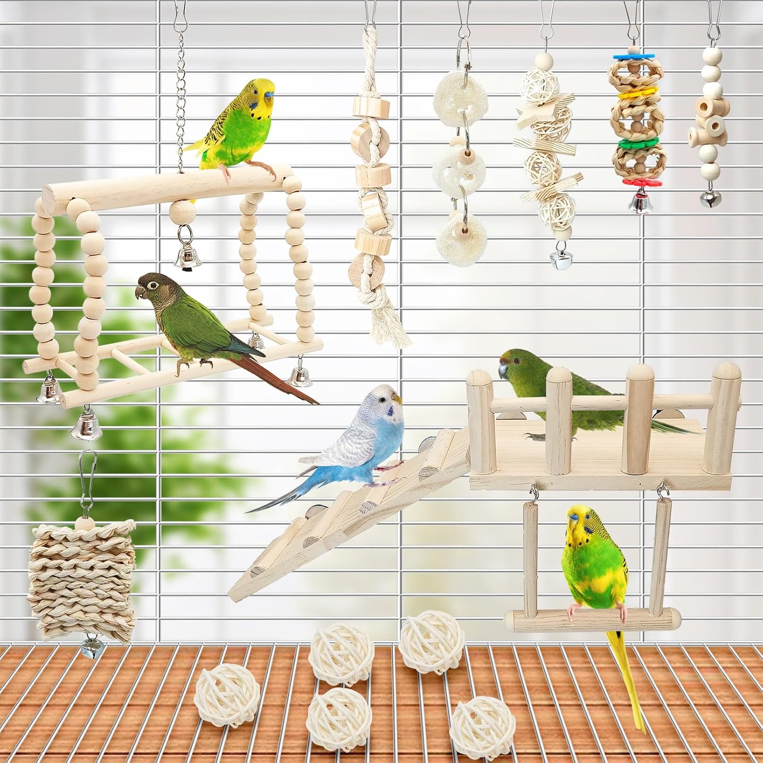 13Pcs Parrot Swing Chew Toys Bird Perches Platform with Climbing Ladder Hanging Cage Accessories for Parakeet