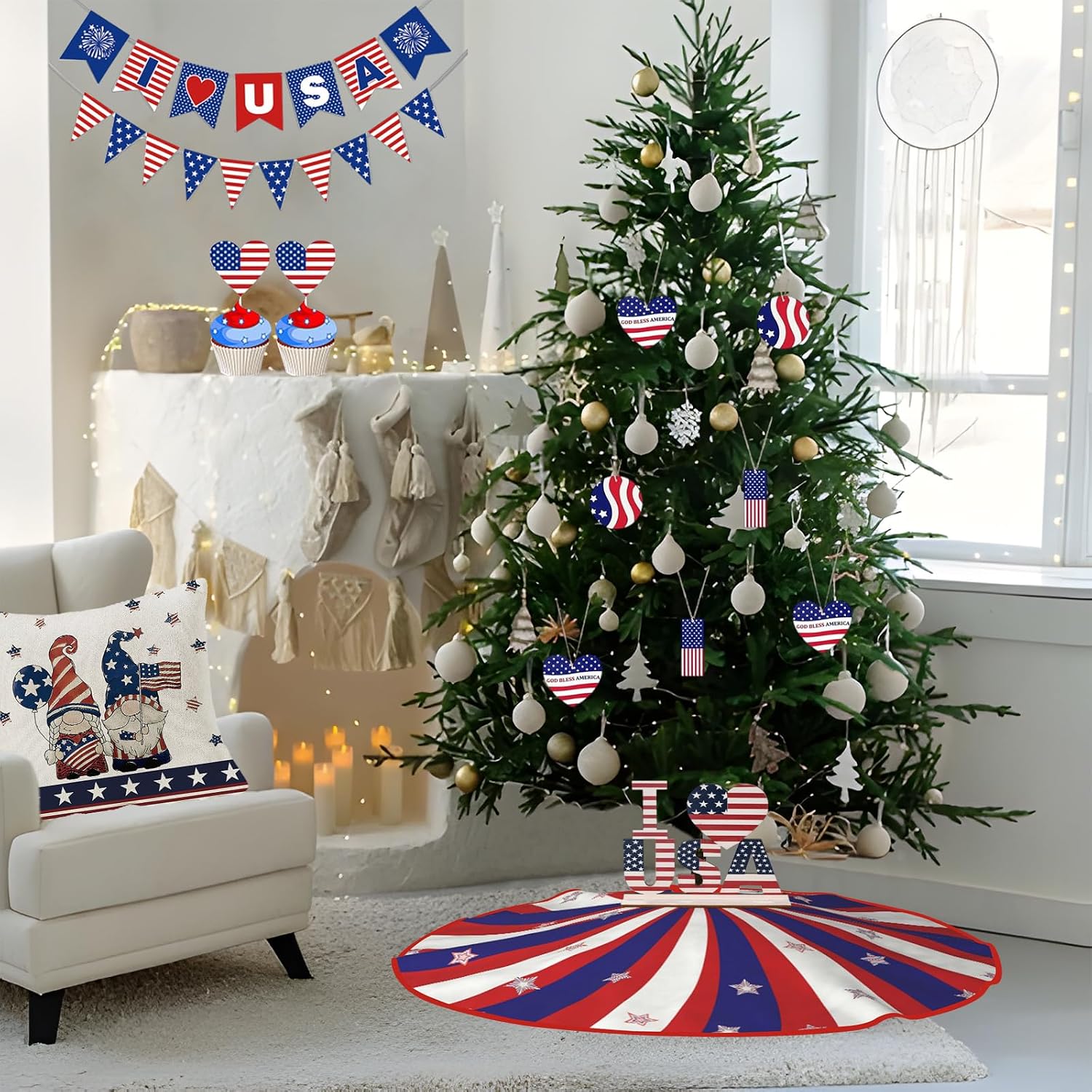 4th of July Patriotic Tree Skirt 48 Inch Independence Day Red Blue White Stripe Holiday Tree Skirts for Summer