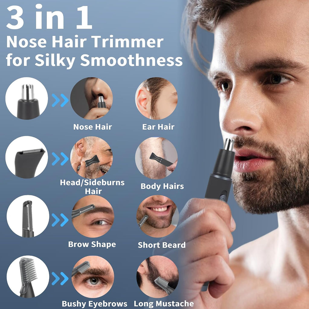 Nose Hair Trimmer for Men, Painless 3 in 1 Grooming Kit for Nose, Ear, Eyebrow & Body Hair, Rechargeable No Pull No